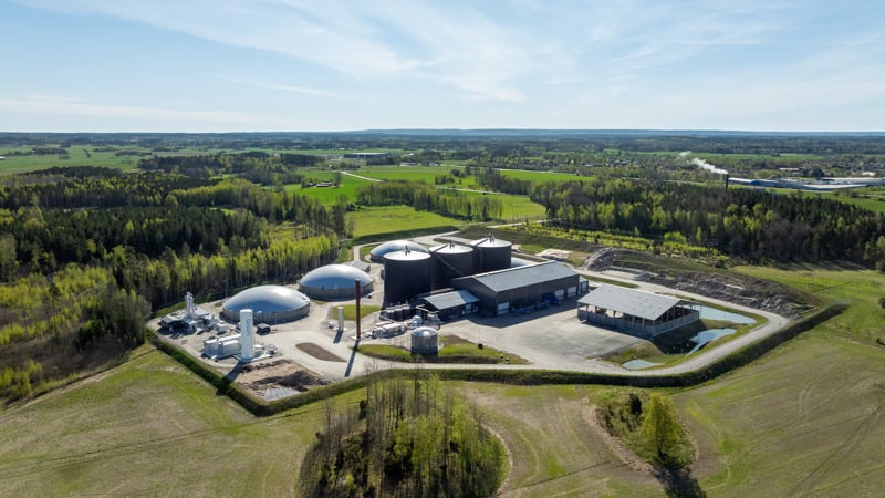 Flygfoto över biogasanläggningen i Götene.