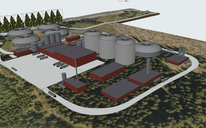 Illustrasjon av Gasum’s Vormstad biogassanleggprosjekt, med flere store tanker og bygninger plassert på et åpent landskap.