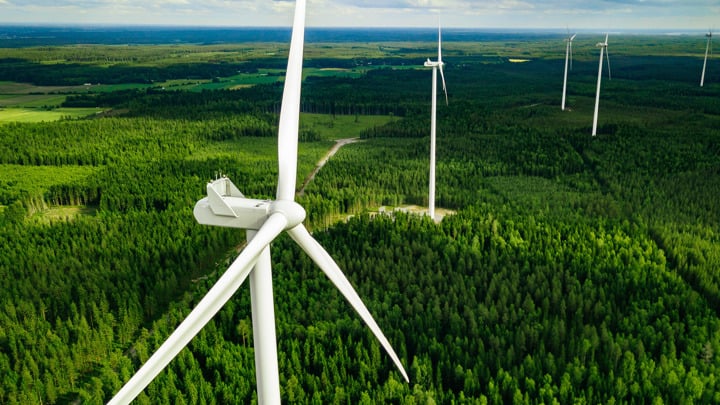 Wind turbines in summer forest