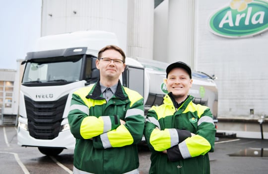 Otto Ahola and Robert Sandström from Arla in front of a milk truck running on biogas